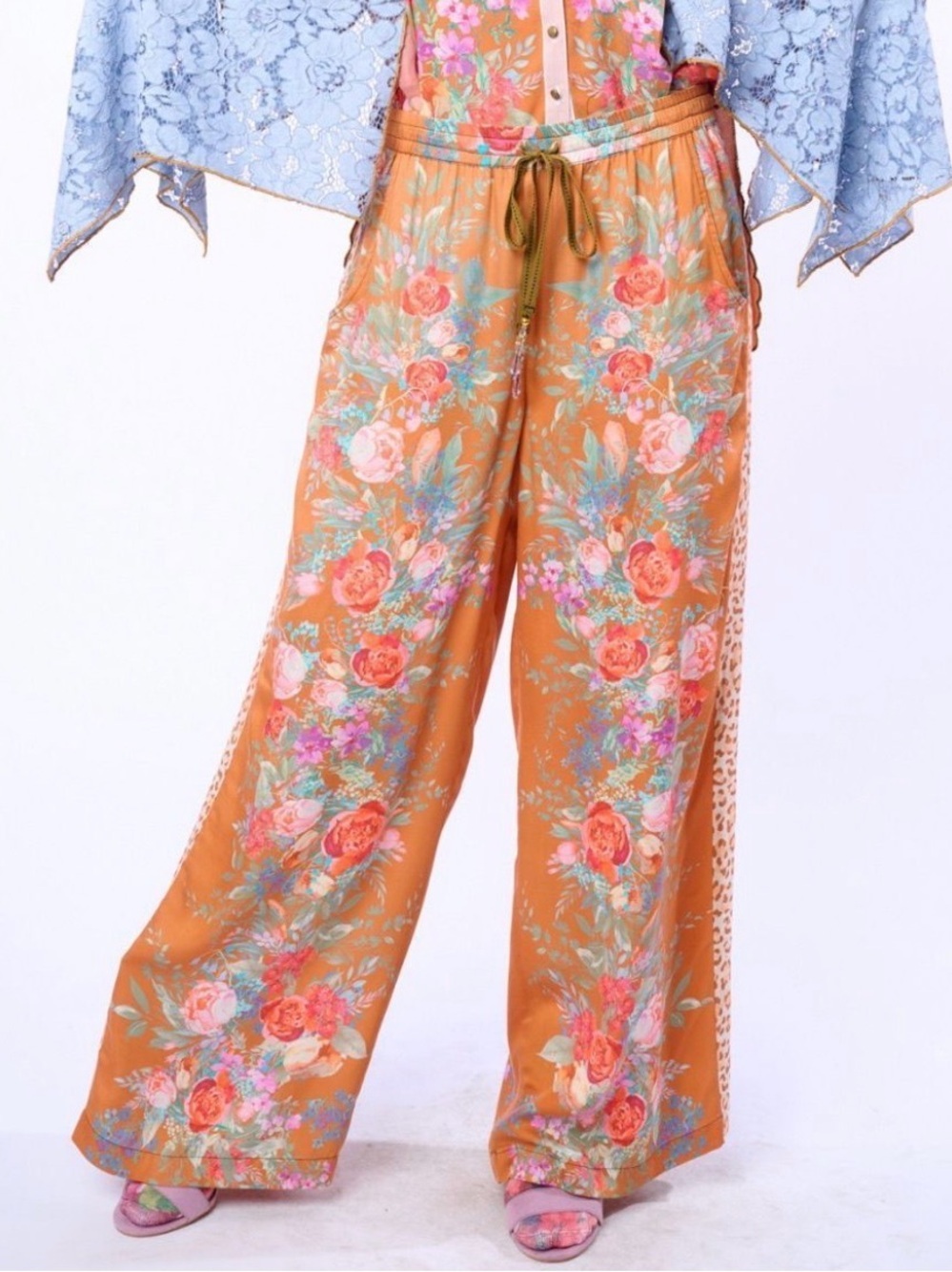Aratta Silent Journey Valentina Floral Wide Leg Pants L NWT Boho Leopard Stripe